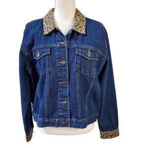 Route 66 Womens Denim Jacket Size M Blue Dark Wash Leopard Print Cropped Cotton
